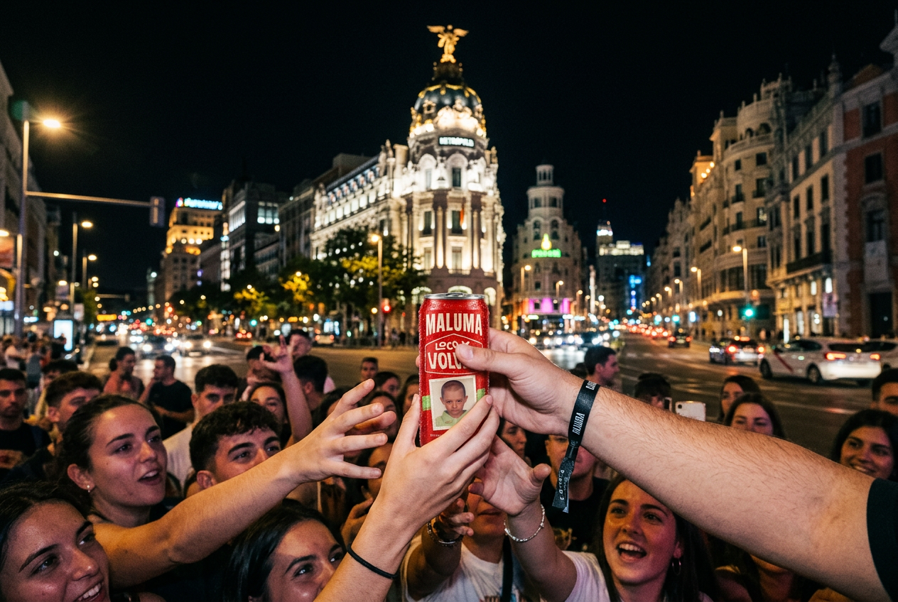 Street team handing Loco x Volver cans to fans in Madrid