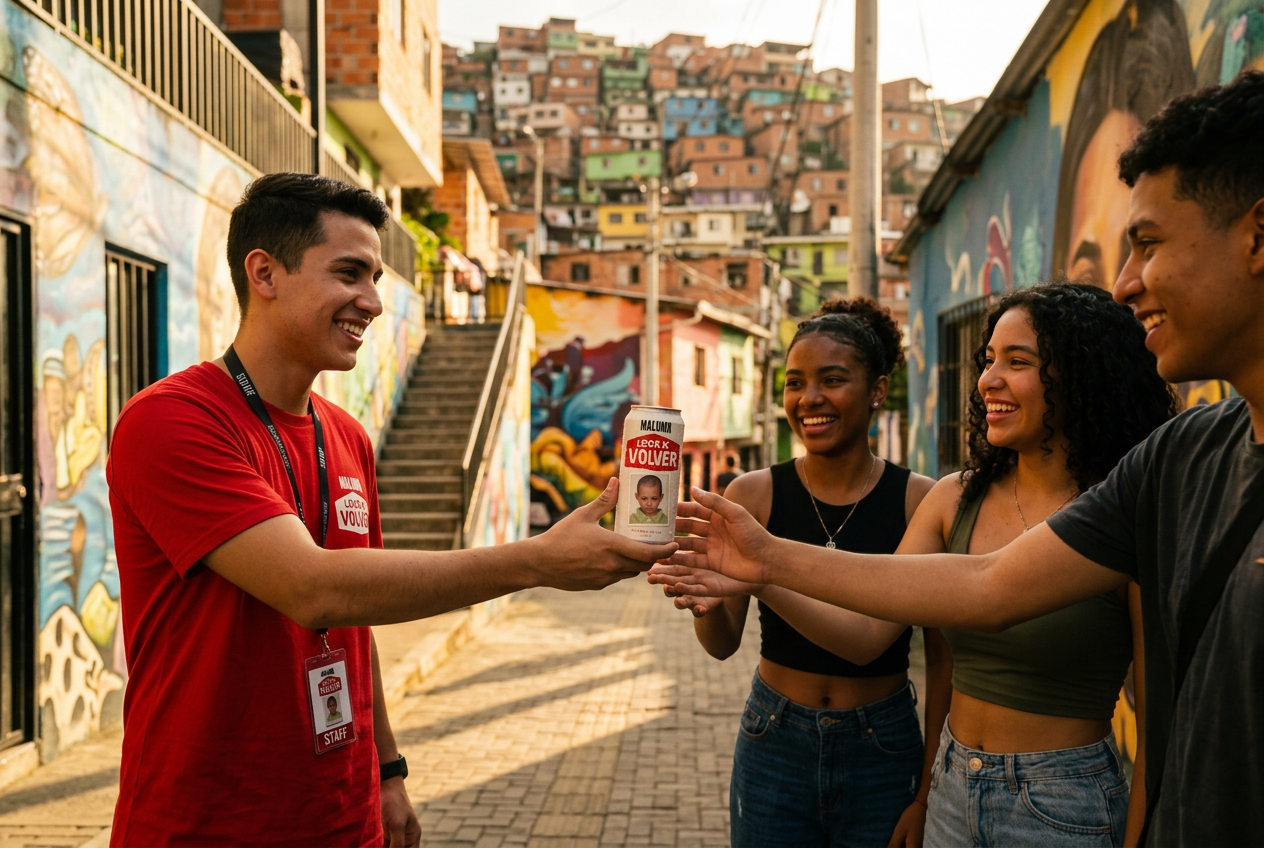 Street team handing Loco x Volver cans to fans in Medellín
